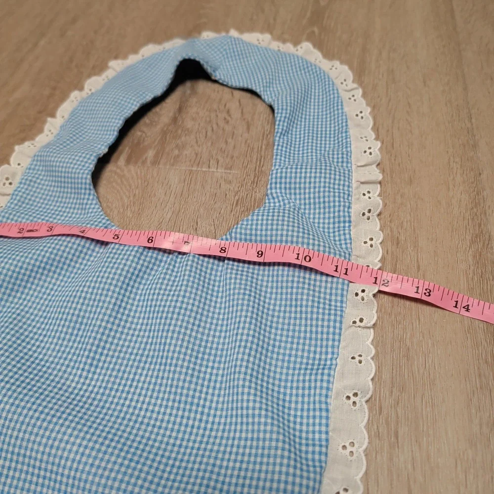 Vintage Handmade Prarie Style‎ Blue Apron Gingham Pinafore Lace Trim Pockets